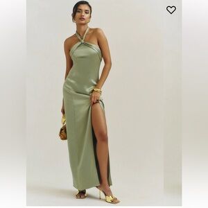 Reformation Olive Green Satin Halter Maxi Dress